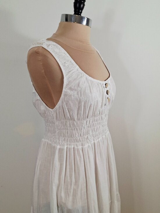 Boho XL White Embroidered Cotton Peasant Tiered Maxi Dress Smocked Stretch Waist - Picture 4 of 13